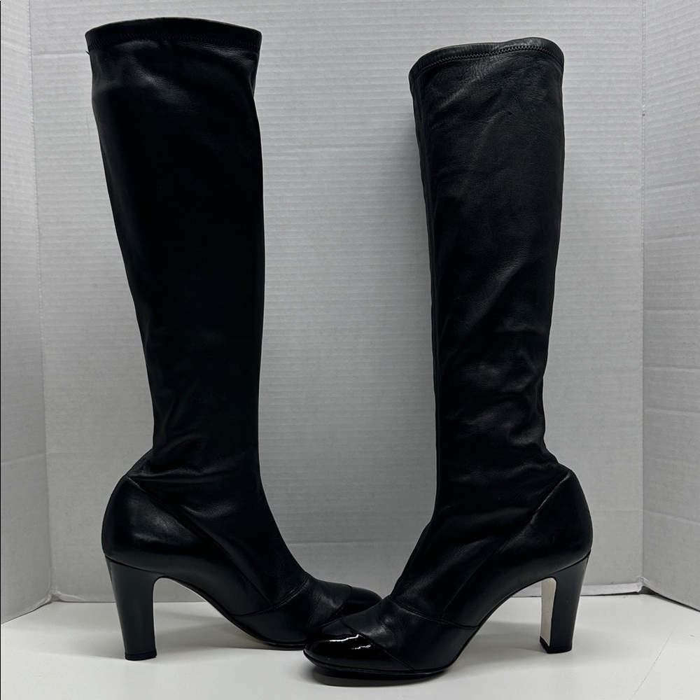 Chanel Heeled Boots Lambskin Tall Boots Cap Round Toe Patent Leather Black EU 38 - Picture 7 of 14